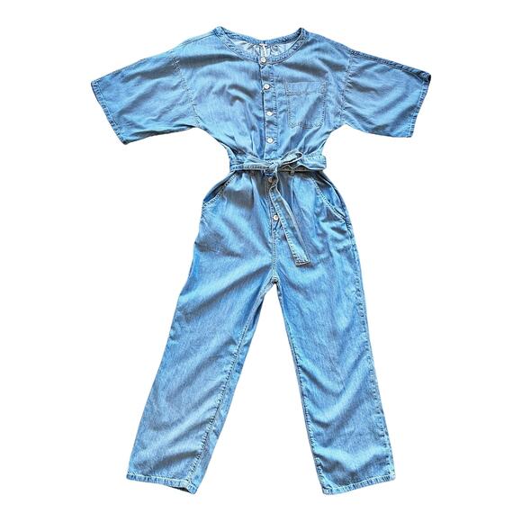 FREE PEOPLE Jumpsuit Marley Denim Short Sleeve Belt High Rise Button Blue Small - Picture 2 of 10
